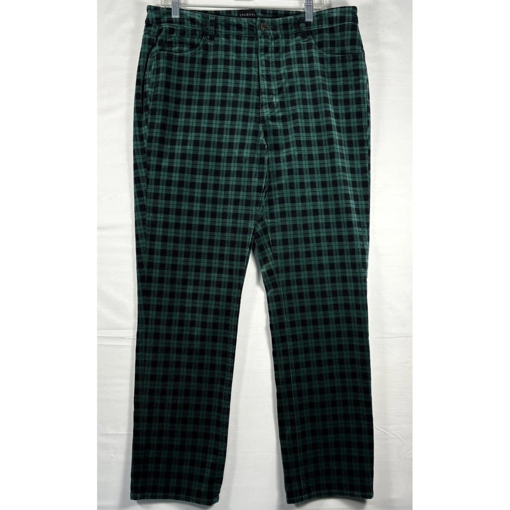 TALBOTS Velveteen Straight Leg Slimming Green Black Plaid Party Casual Pants 14 - Picture 2 of 9